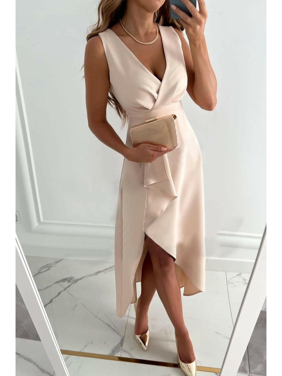 Charlotte | Women's Midi Dress With V-Neck And Asymmetric Hem | Elegant