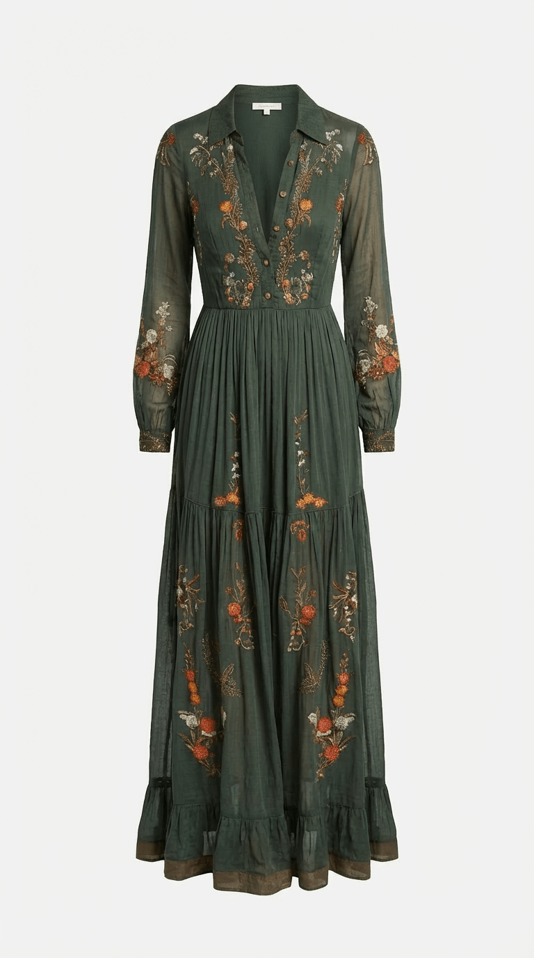 Elegant maxi-kjole med boheme-print og bindebånd i taljen