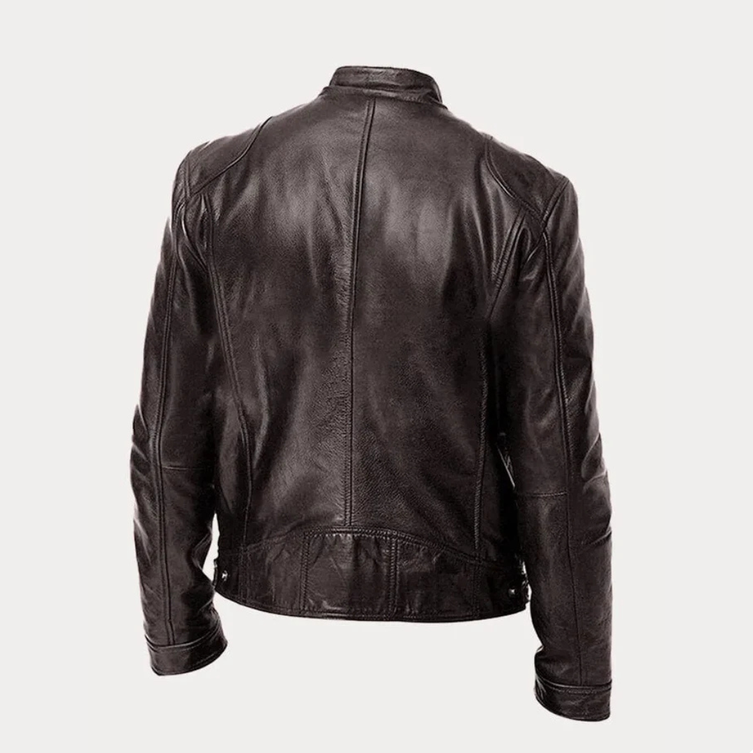 Men's Faux Leather Jacket with Stand Collar and Multi-Zip Pocket Detail