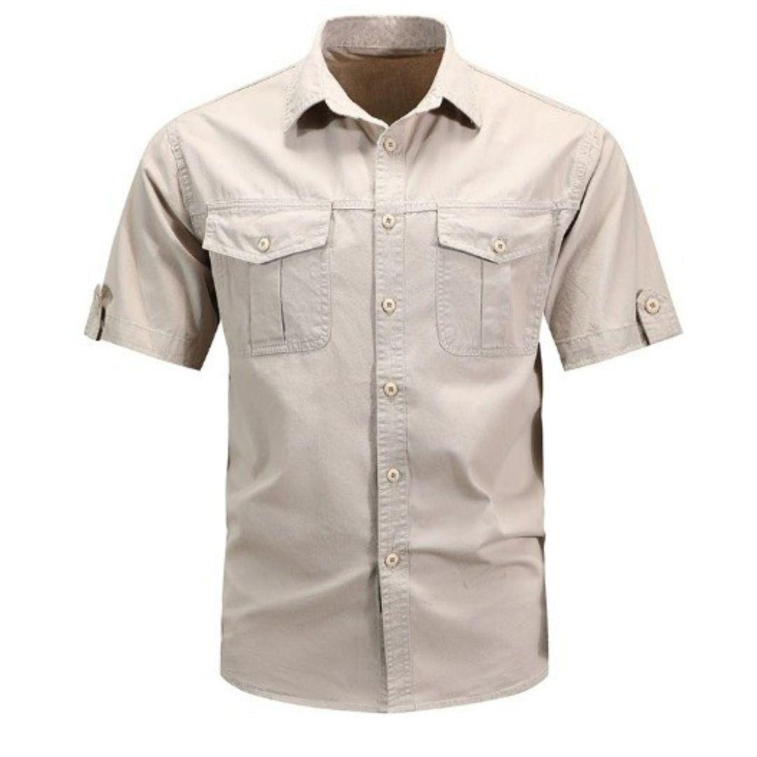 Men's Short Sleeve Shirt with Dual Chest Pockets and Button Front Closure
