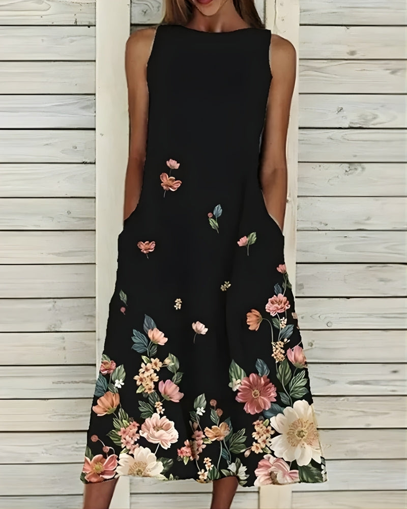 Midi Sommerkleid Damen mit Blumenmuster | Ärmellos
