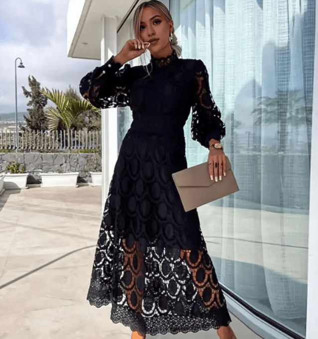 Women's Lace High Neck Midi Party Dress