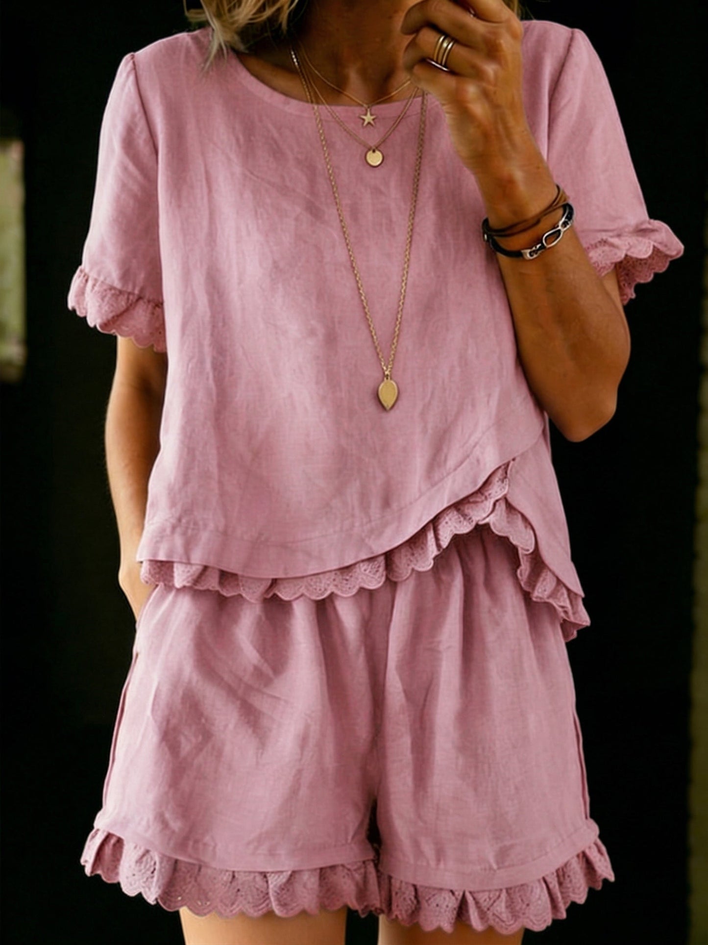 Women's Linen Ruffle Top and Shorts Set