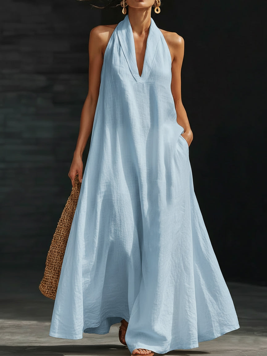 Women's Linen Halter Neck Backless Maxi Dress