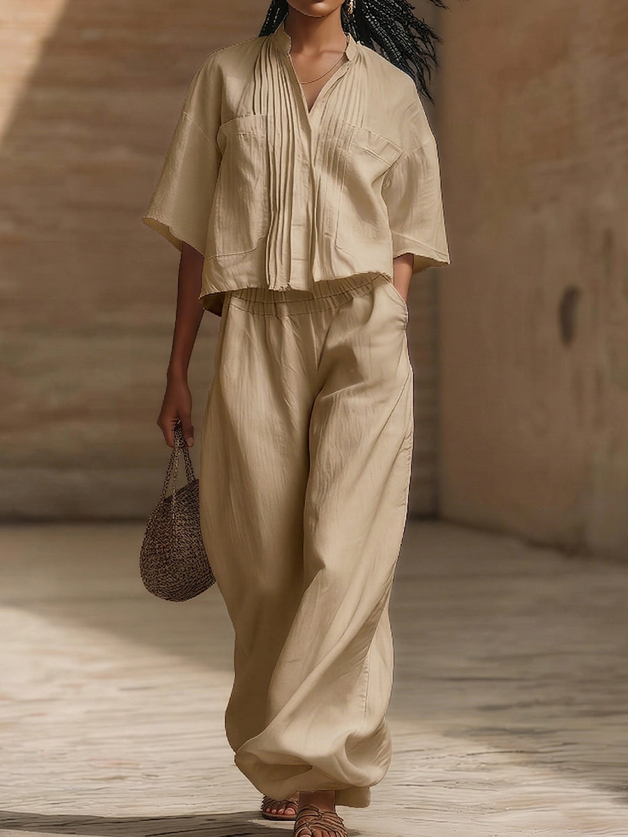 Women's Linen Two Piece Set Relaxed Fit Pleated Shirt and Wide Leg Trousers