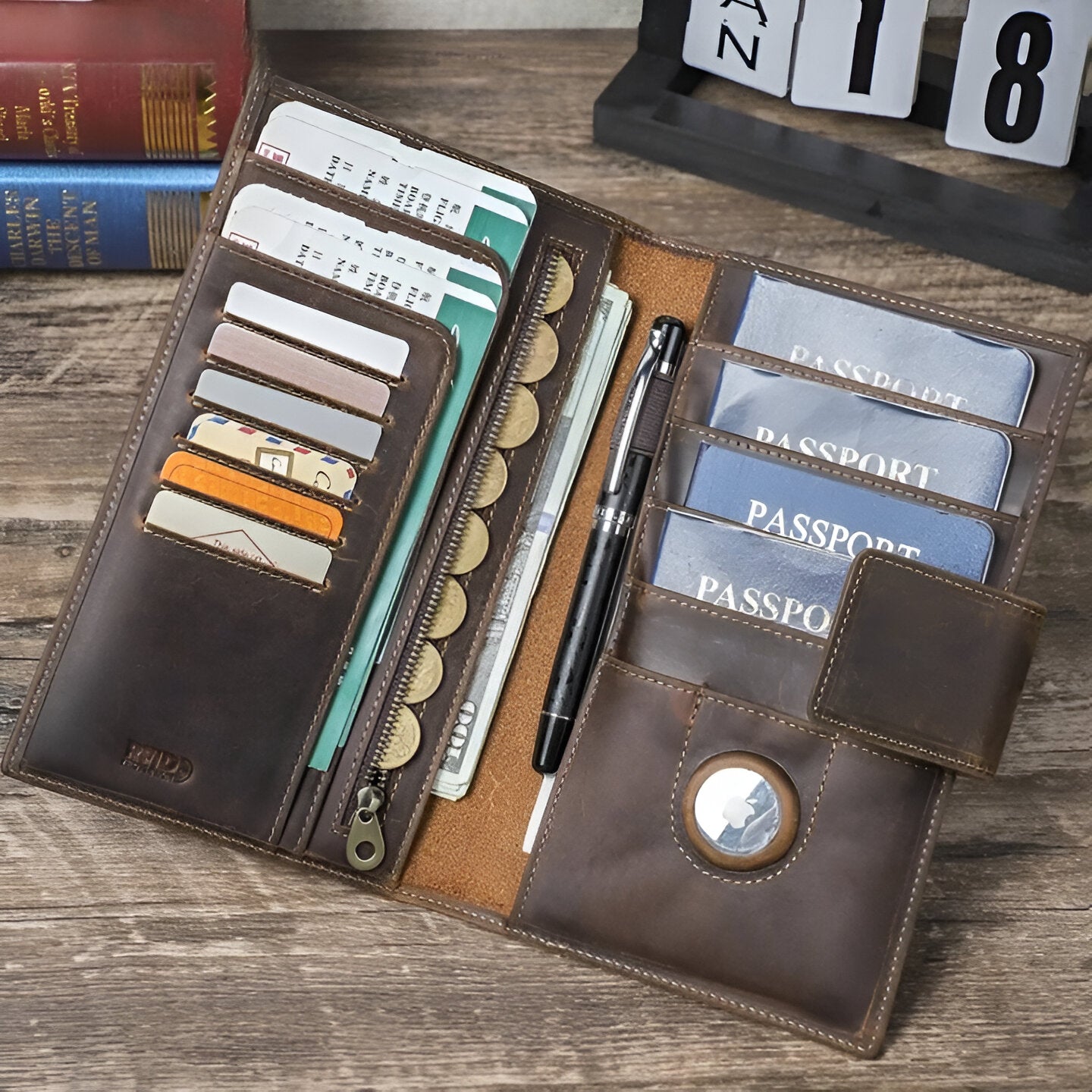 Larson Wallet: Made with Hand-Stitched Genuine Italian Leather - 1 or 4 Passport Slots, RFID Blocking,  1 AirTag Slot–Travel with Confidence