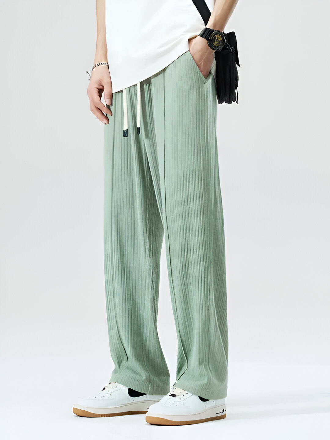The Santander Dailywear Sweatpants by JesseVance Madrid: Lightweight. Breathable. Icy Silk Feel. Drawstring Waist. Pleated. Stretchy.