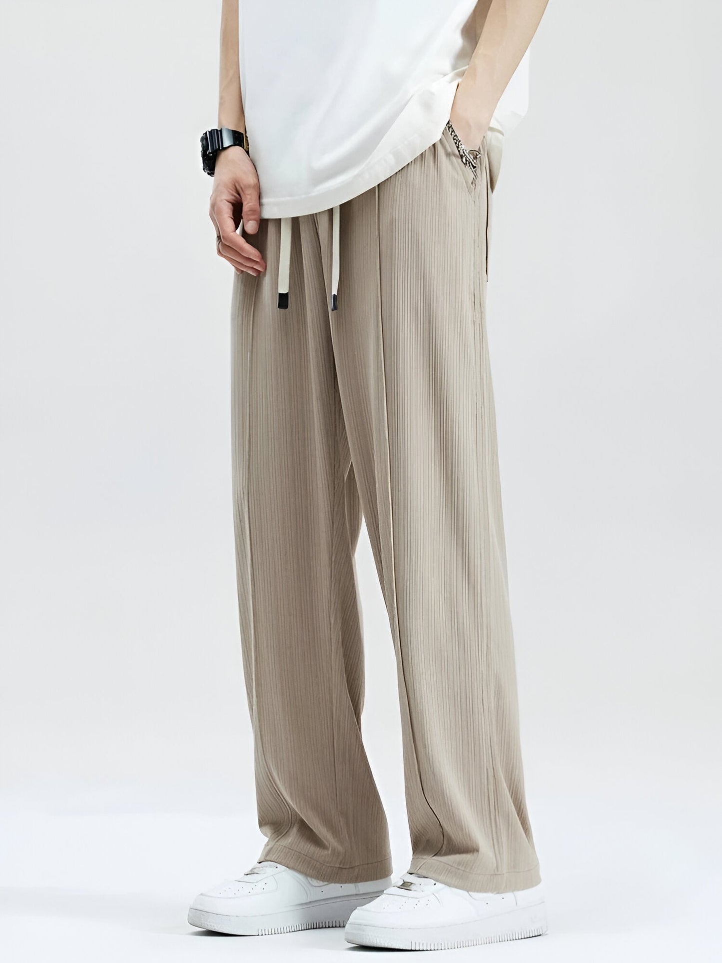 The Santander Dailywear Sweatpants by JesseVance Madrid: Lightweight. Breathable. Icy Silk Feel. Drawstring Waist. Pleated. Stretchy.