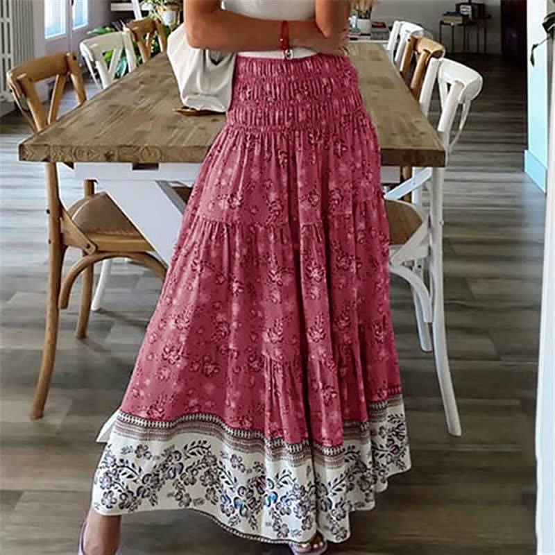 Women’s Bohemian Tiered Midi Skirt Elastic Waist Flowing Lightweight Summer Skirt
