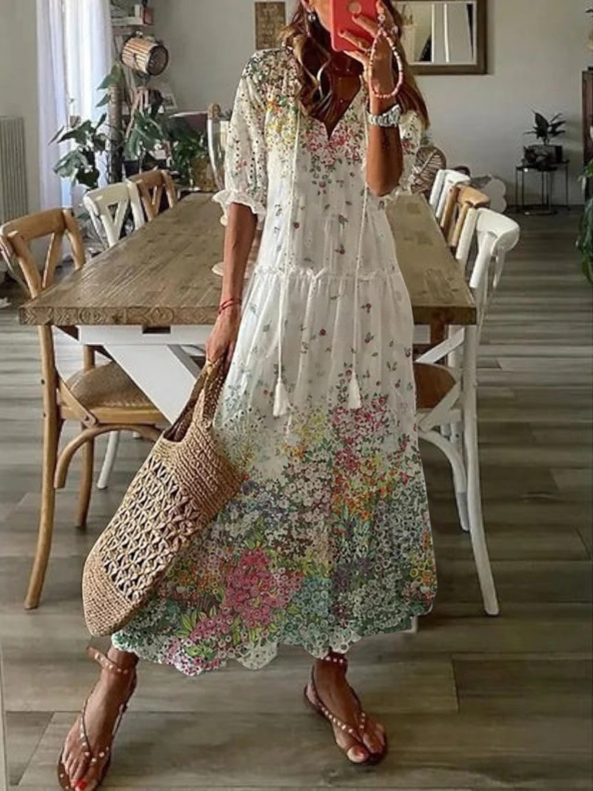 Sophia Boho Vintage V-Ausschnitt Sommerkleid – Müheloser, fließender Stil für Sommertage