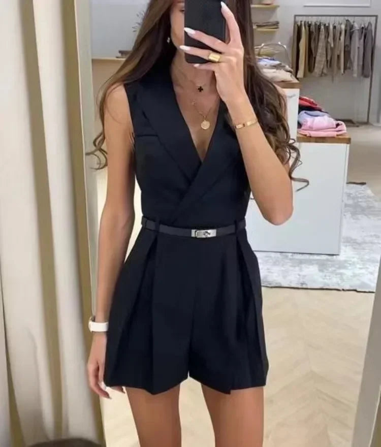 Damski | Romper / Kombinezon Krótki | Dekolt V | Kołnierz Szalowy | Elegancki Playsuit | Kaleena