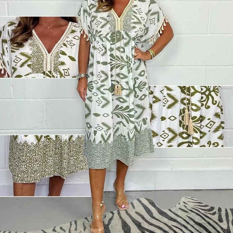 Zymara | V-hals jurk met print – casual zomerse jurk met franjes aan de mouwen voor dames