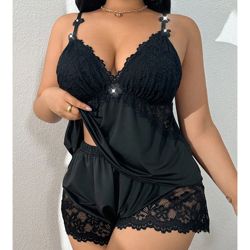 Ensemble Pyjama Femme Dentelle Bretelles Fines Short Léger Satin Élégant