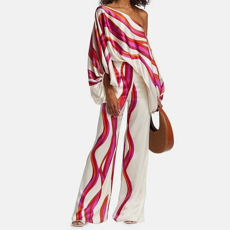 Women's Printed Two Piece Set Off Shoulder Top Wide Leg Pants