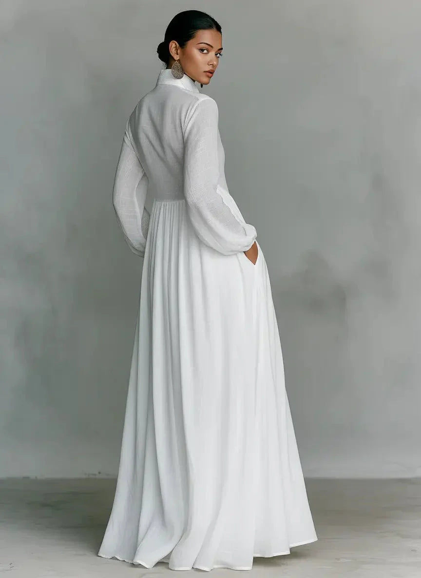 Victoria | Minimalistyczna Lniana Sukienka Maxi z Kołnierzem Mao