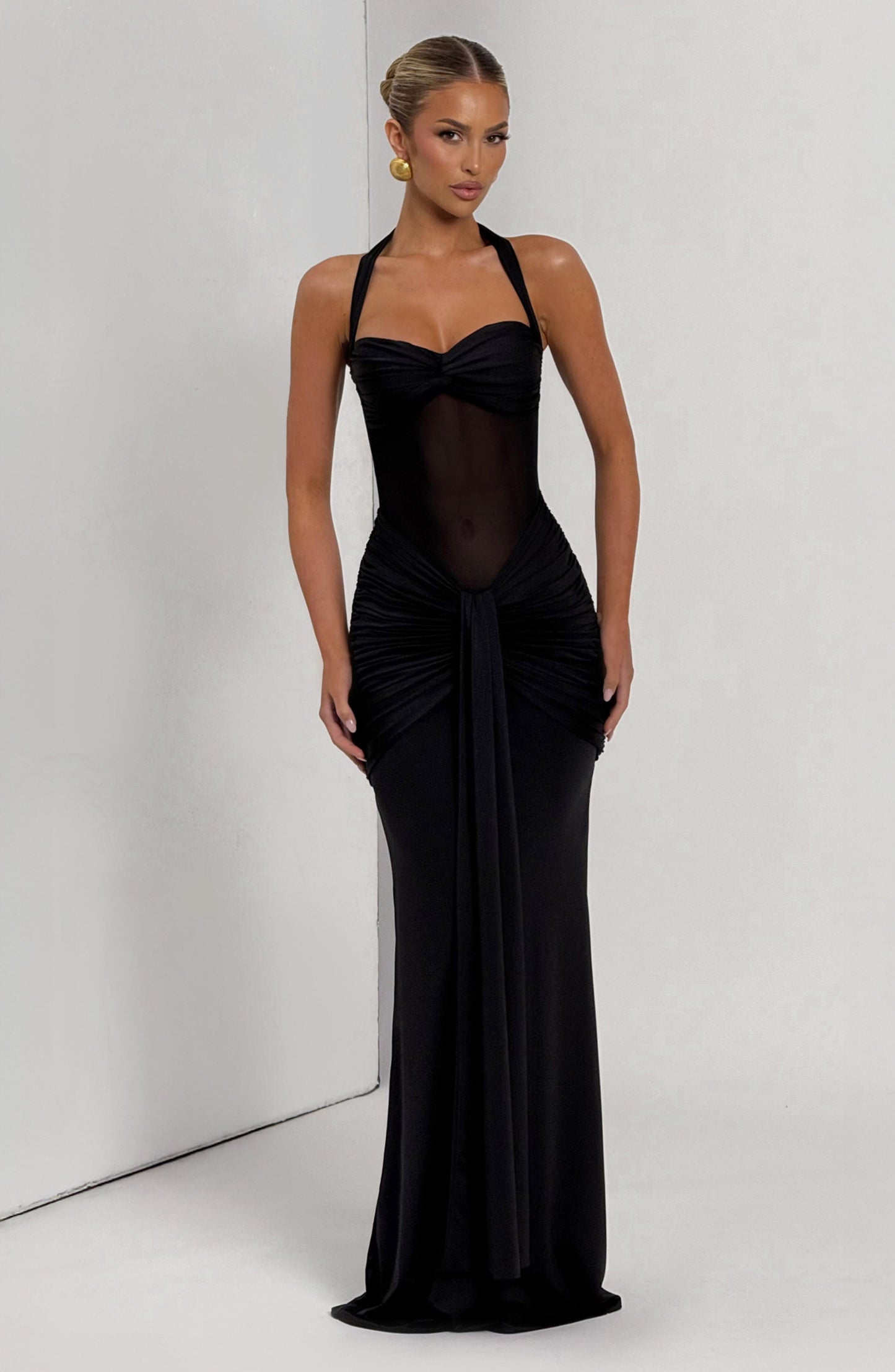 Noireva | Damska Elegancka Sukienka Maxi Halter z Marszczeniem