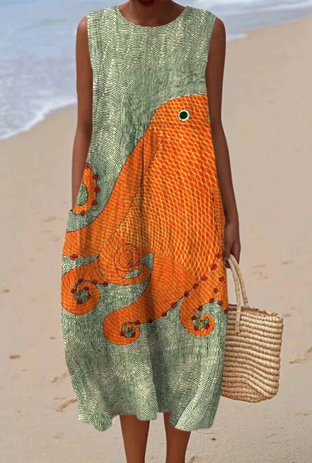 Women's Sleeveless Midi Dress with Large-Scale Octopus Print and Round Neckline