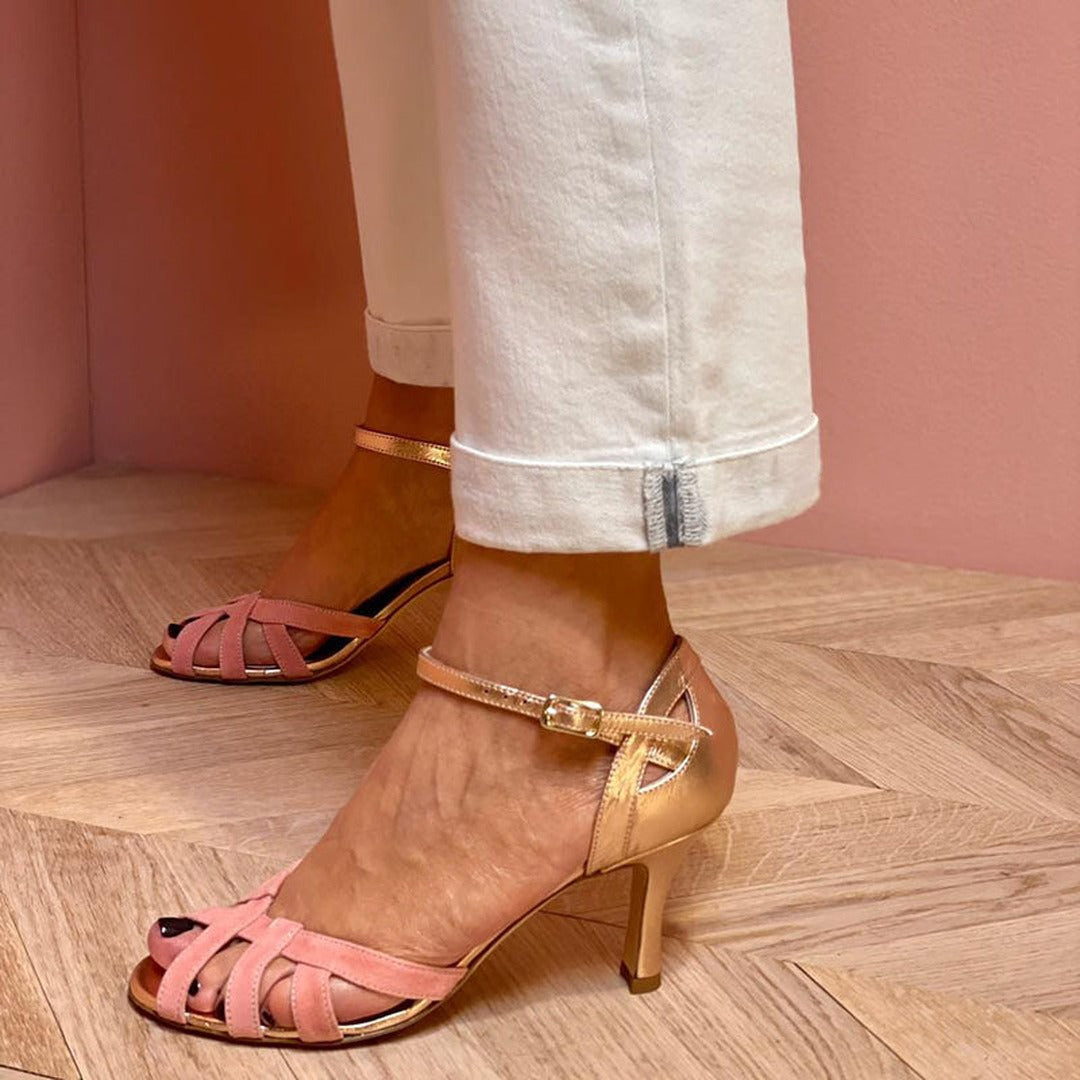 Women's Strappy Heeled Sandals with Interlaced Toe Cage and Ankle Strap Buckle Closure