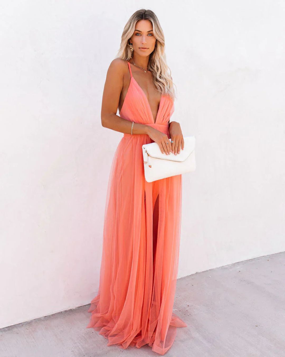 Women's Tulle Floor Length Dress with Plunge Neckline and Open Back