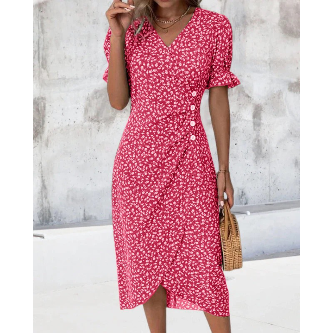 Ylva | Damen Sommerkleid Midi Wickel Mit Blumen Für Alltag