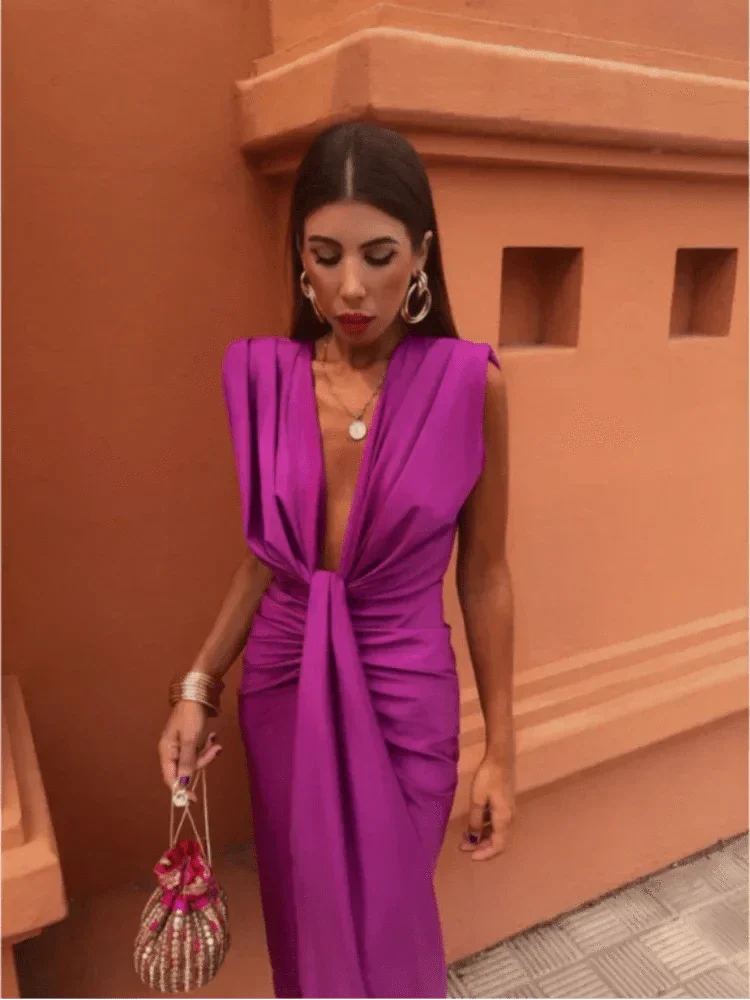Charlotte | Women's Midi Dress With Deep V-Neck And Draped Waist | Elegant