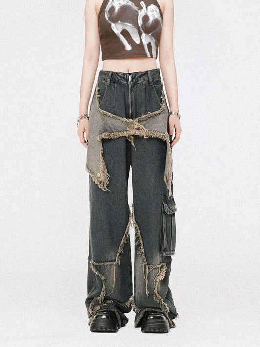 Distressed Effect Patchwork Star Denim Jeans  @shuuuie