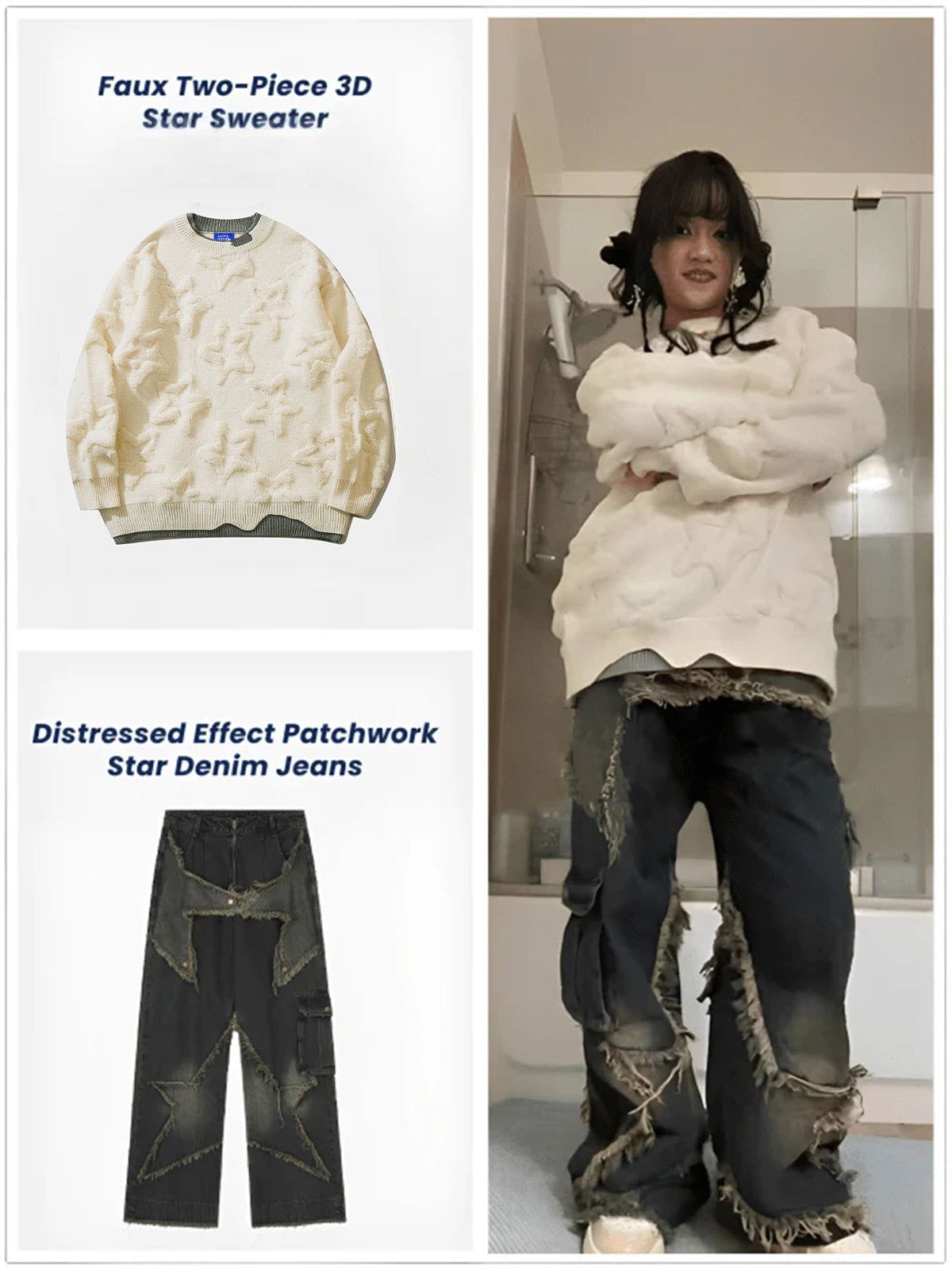 Distressed Effect Patchwork Star Denim Jeans  @shuuuie