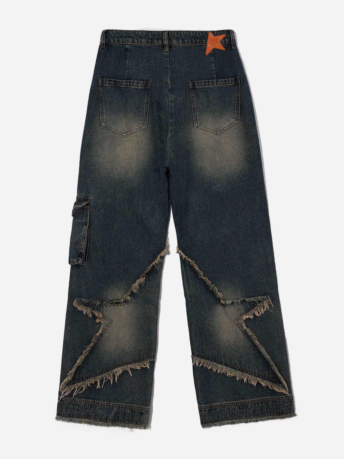 Distressed Effect Patchwork Star Denim Jeans  @shuuuie