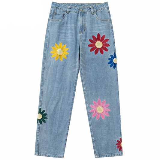 Colorful Embroidered Flowers Jeans
