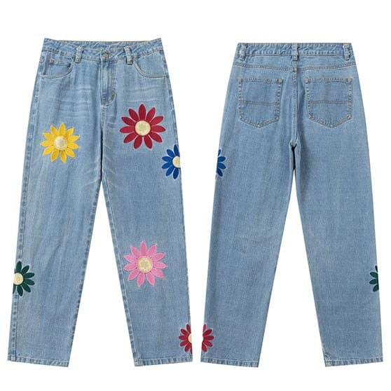 Colorful Embroidered Flowers Jeans