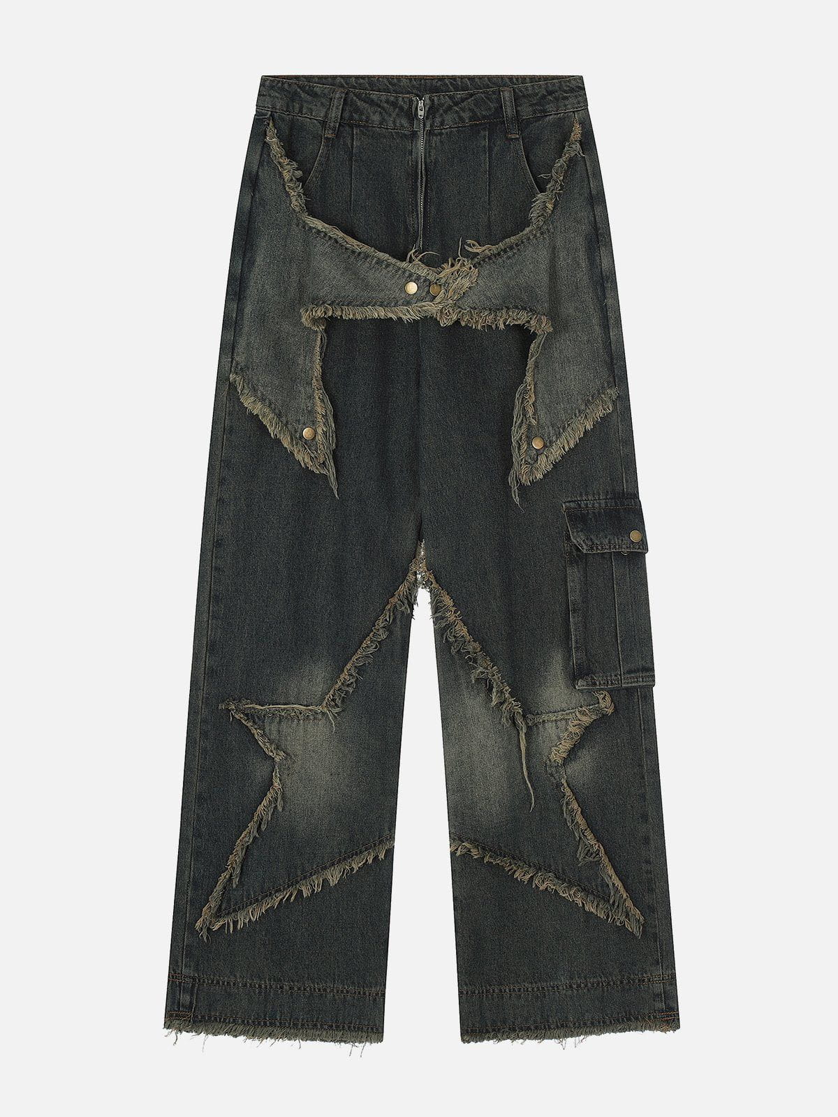Distressed Effect Patchwork Star Denim Jeans  @shuuuie