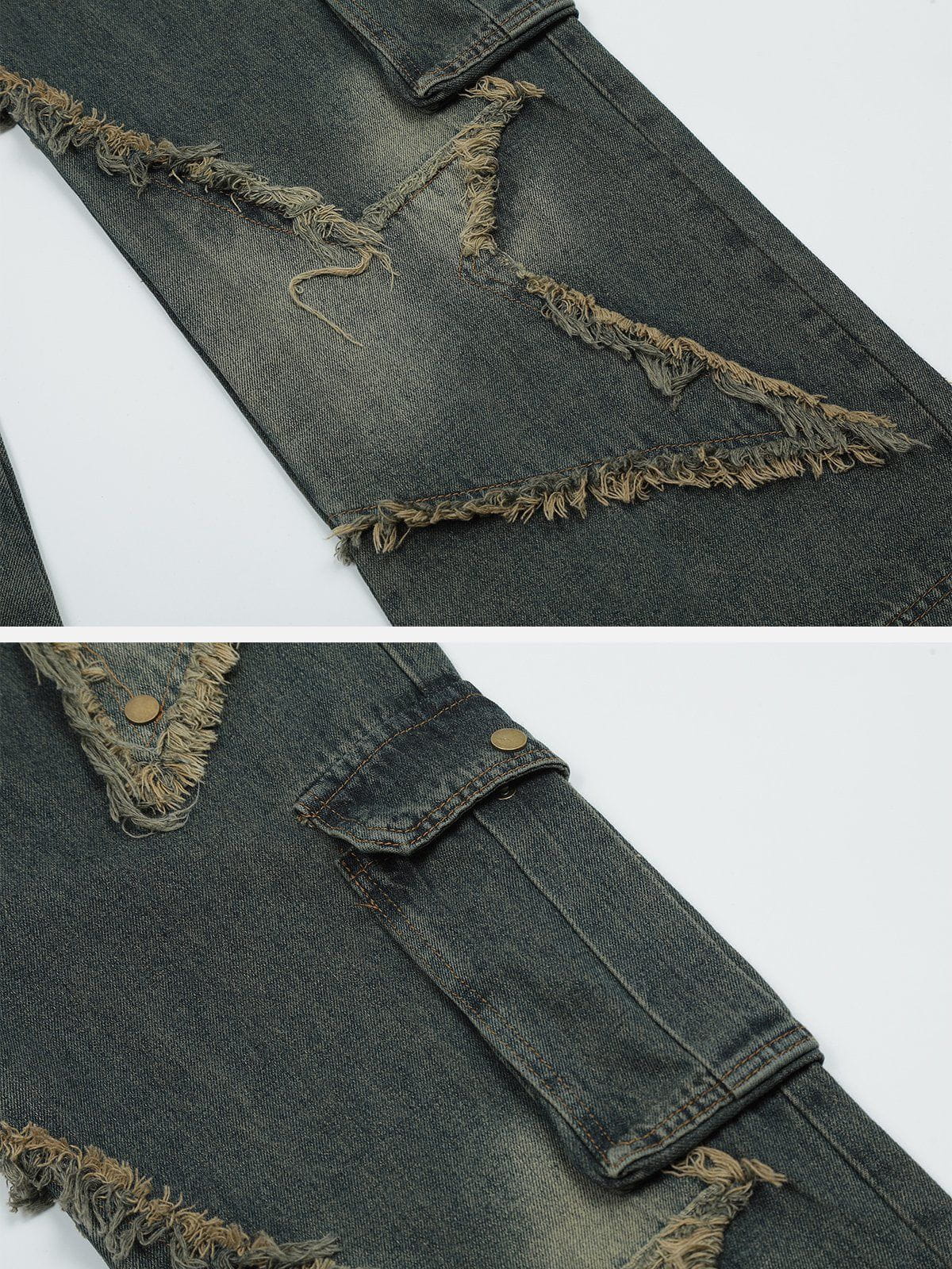 Distressed Effect Patchwork Star Denim Jeans  @shuuuie