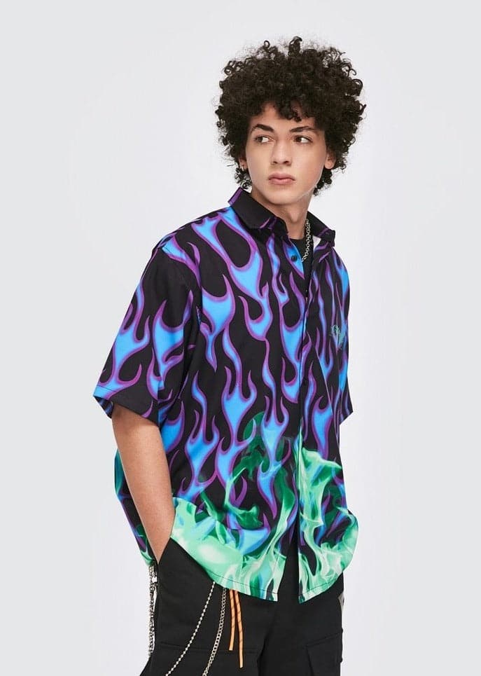 Blue Flames Button Up