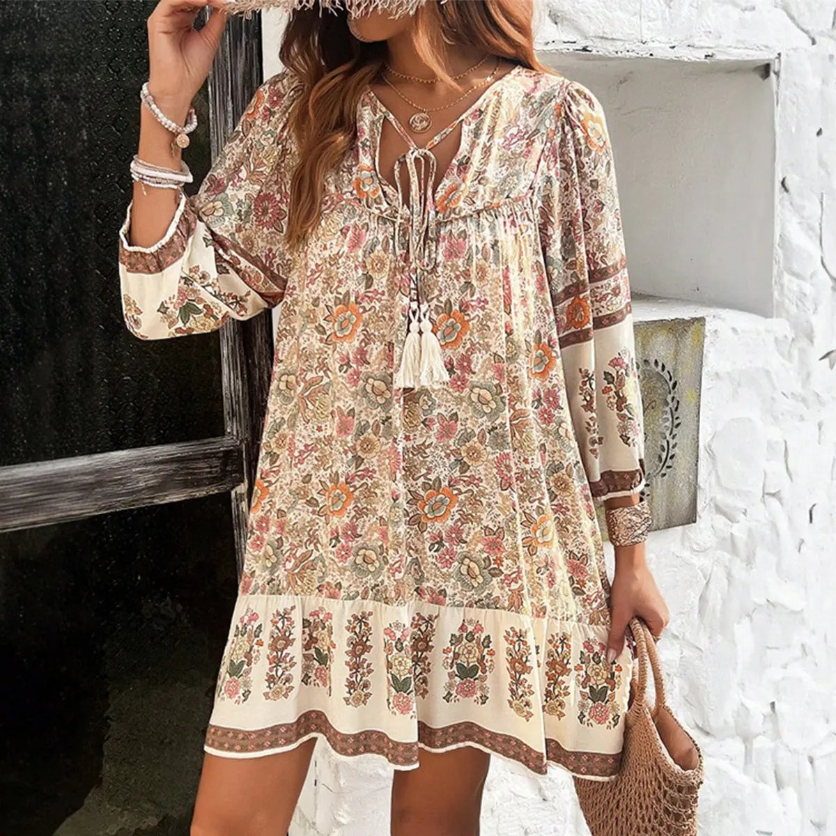 Bohemia Print  V Neck Casual Dress - TARHUS