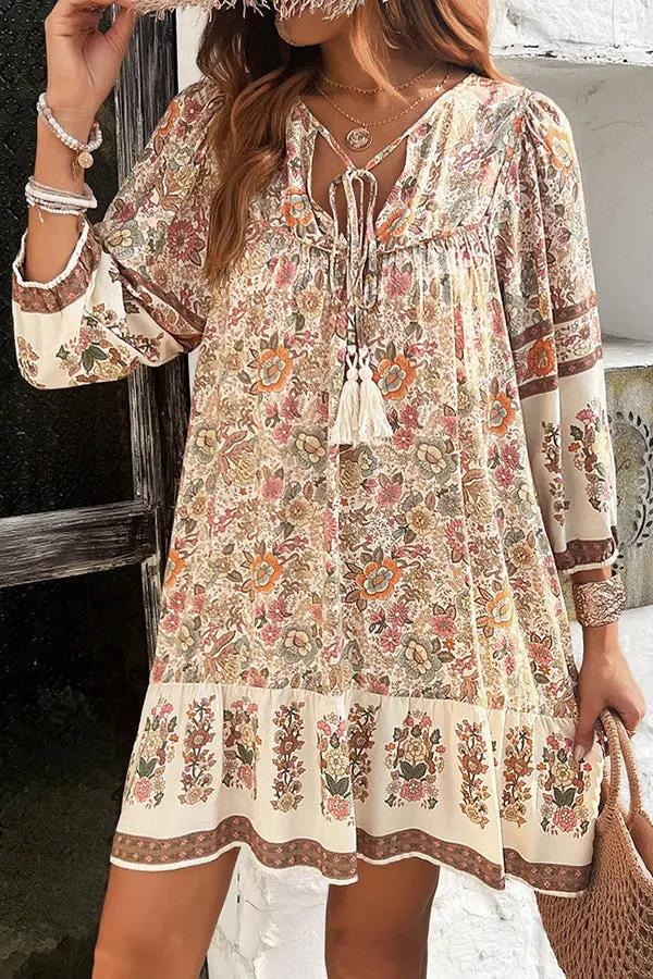 Bohemia Print  V Neck Casual Dress - TARHUS