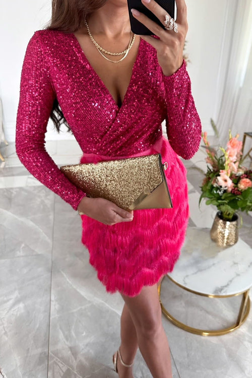 Damen Pailletten Feder Partykleid | Mini