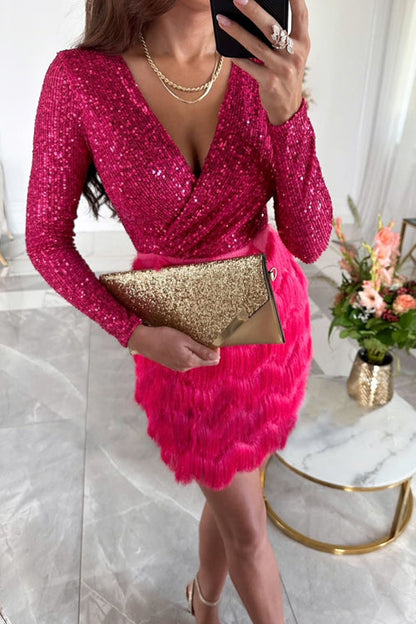 Damen Pailletten Feder Partykleid | Mini