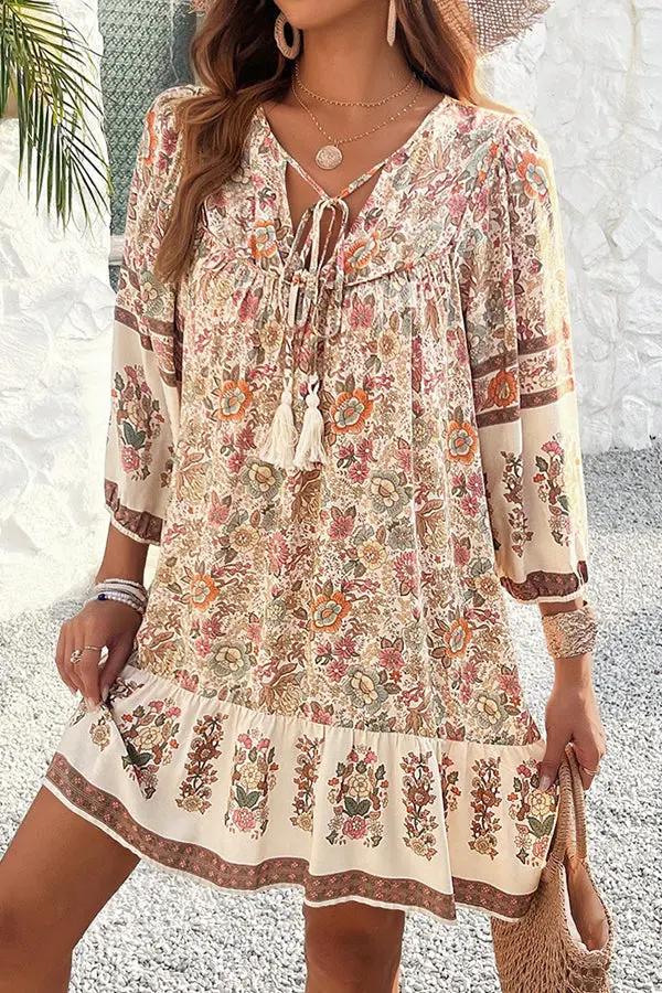 Bohemia Print  V Neck Casual Dress - TARHUS
