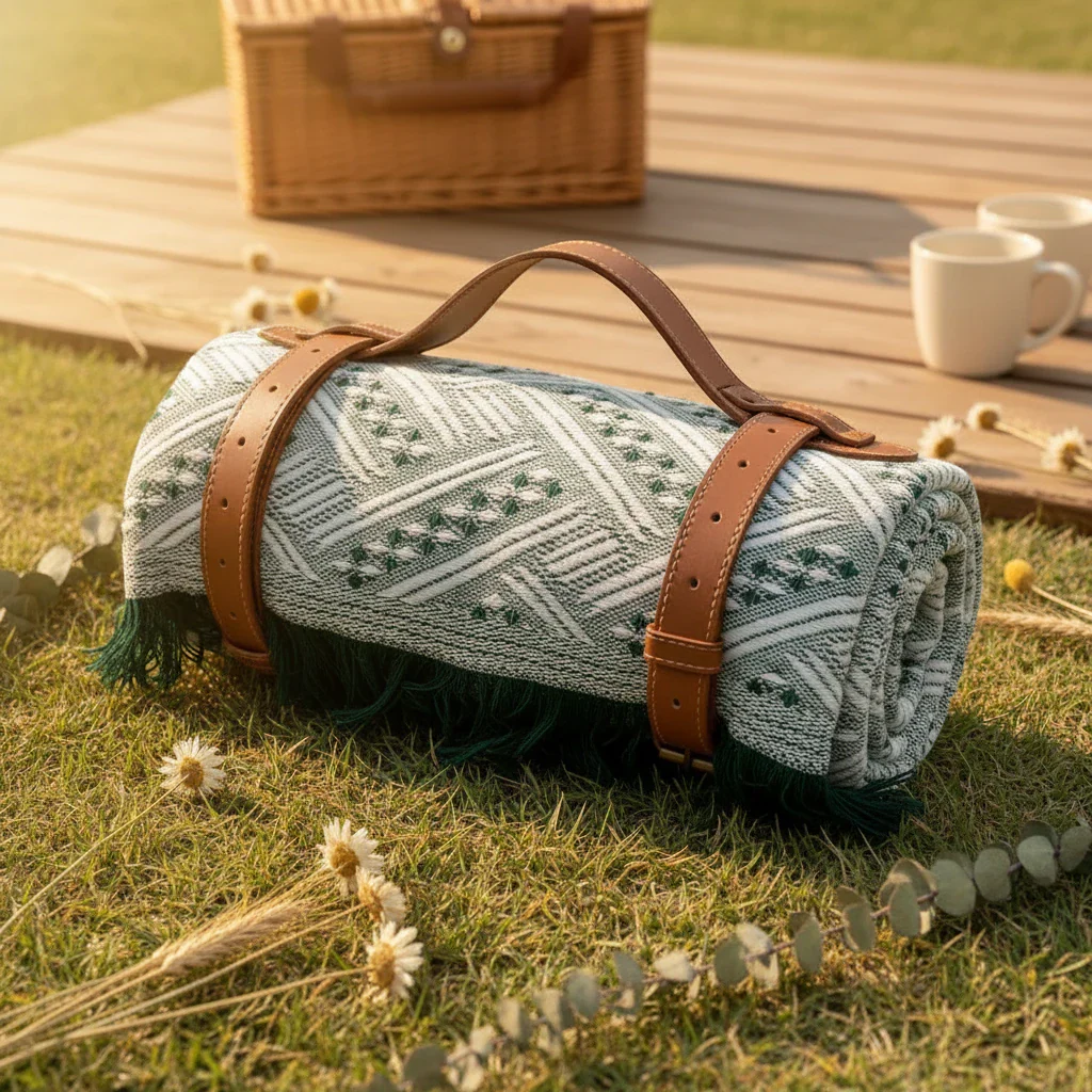 Waterproof Picnic Blanket – Large Woven Mat with PU-Leather Straps