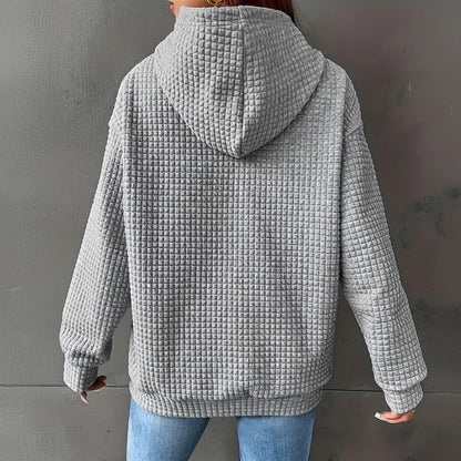 Waffle Grid Kangaroo Pocket Drawstring Hoodies Sweatshirt