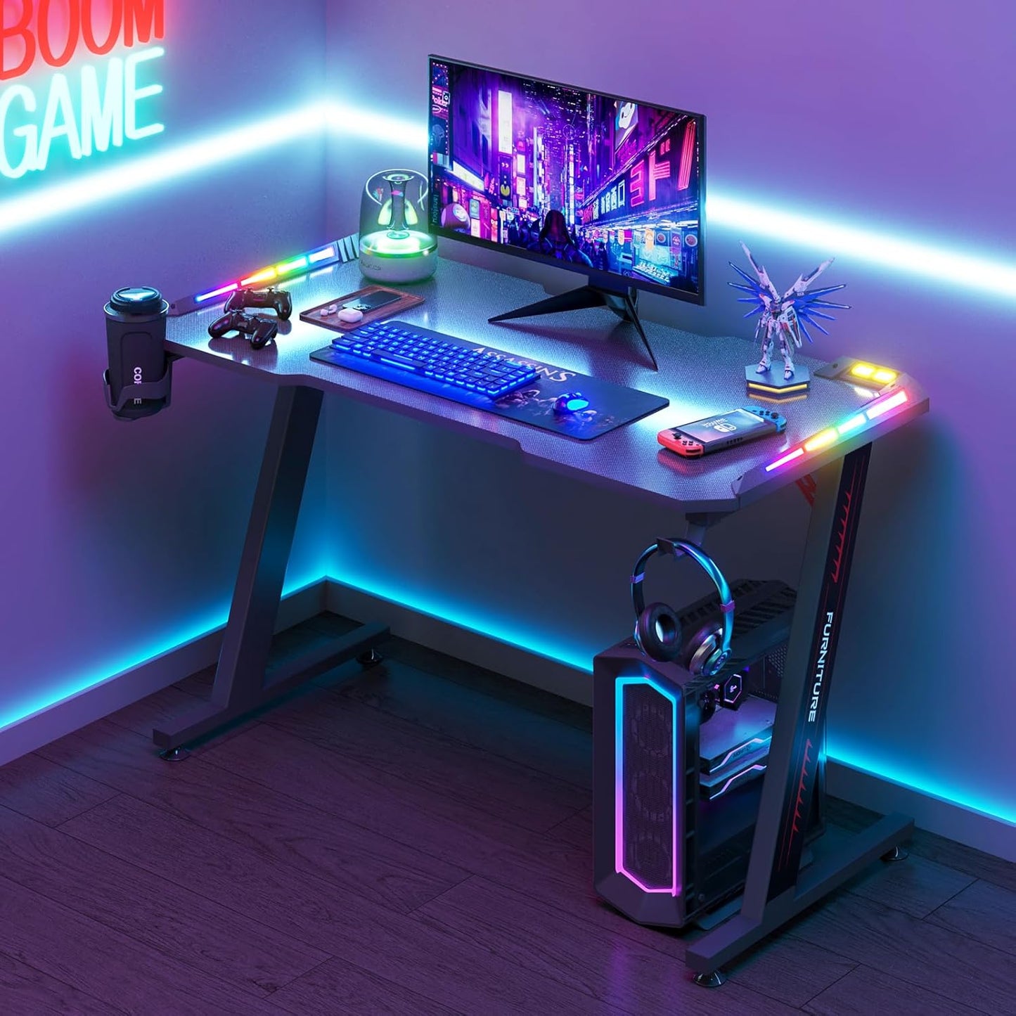 Gaming Bureau met RGB LED Verlichting 120x60 cm – Carbon Fiber Look met Z Frame en Accessoires | Restfield