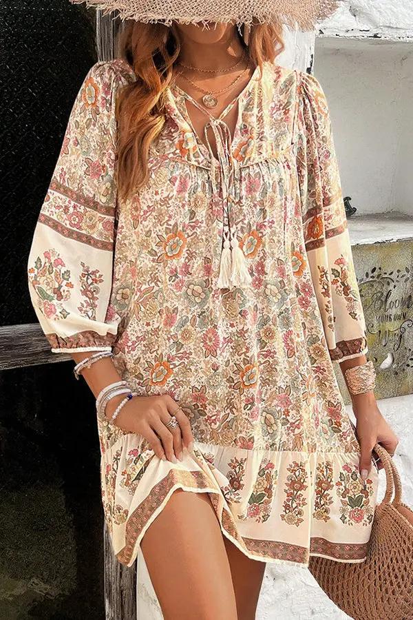 Bohemia Print  V Neck Casual Dress - TARHUS