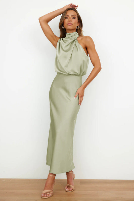 Elegant Ivy Long Satin Dress featuring a sophisticated halter neckline, perfect for weddings and formal events. - 1