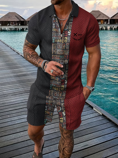 Xylaric | Casual tweedelige set voor heren – T-shirt met reverskraag en korte broek met trekkoord