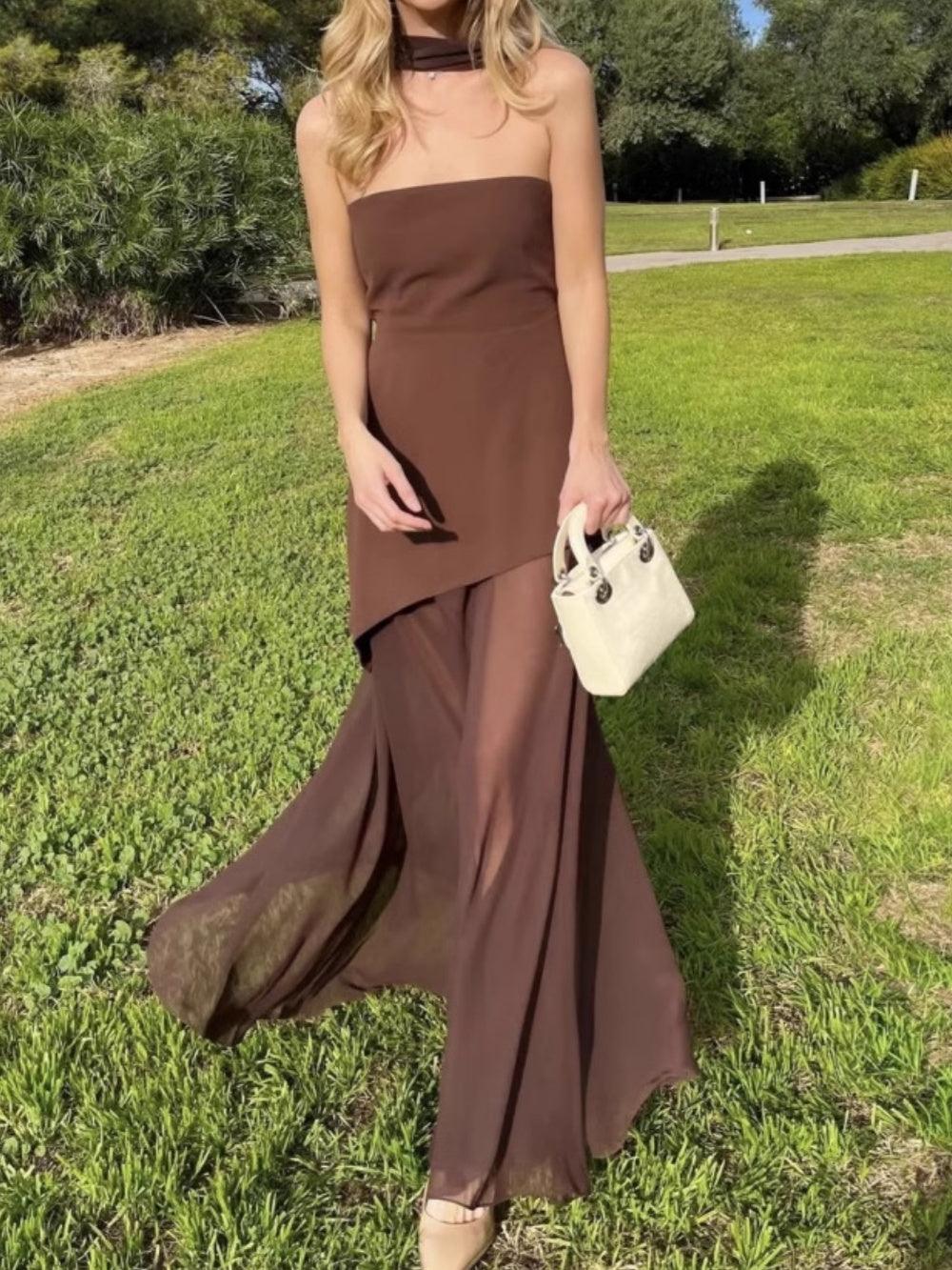 Elegant strapless one-shoulder sleeveless dress