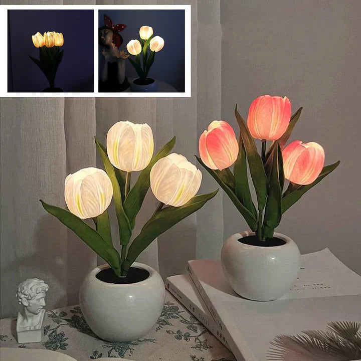 Tulpen-LED-Tischlampe im Keramiktopf – Warmes Dekorlicht