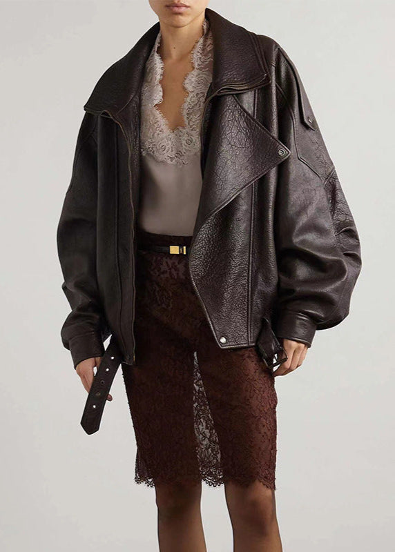 Sarah | Women belted oversized Leather Bomber jacket
