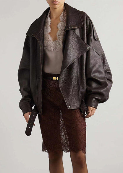 Sarah | Women belted oversized Leather Bomber jacket