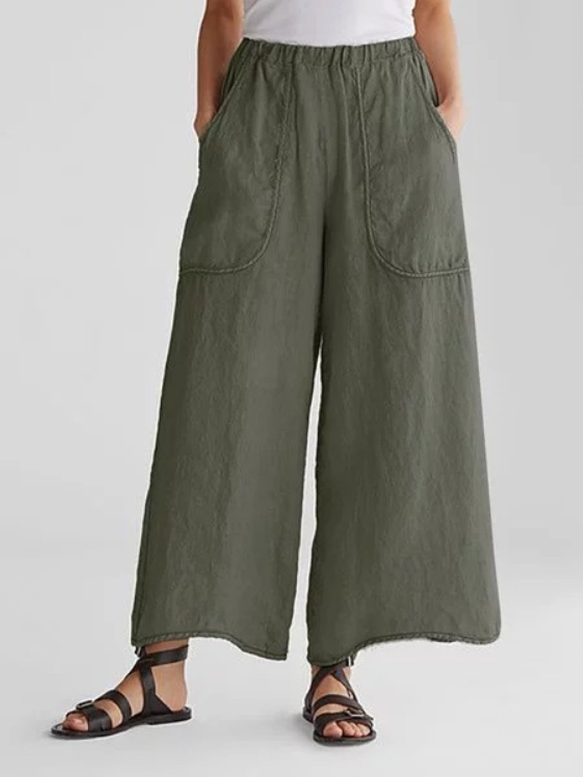 Women's Wide Leg Linen Trousers Loose Fit Lightweight Elastic Waist Pants