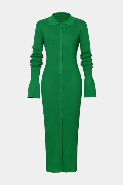 Shell Sleeve Ribbed Buttons Down Maxi Dress Mesh